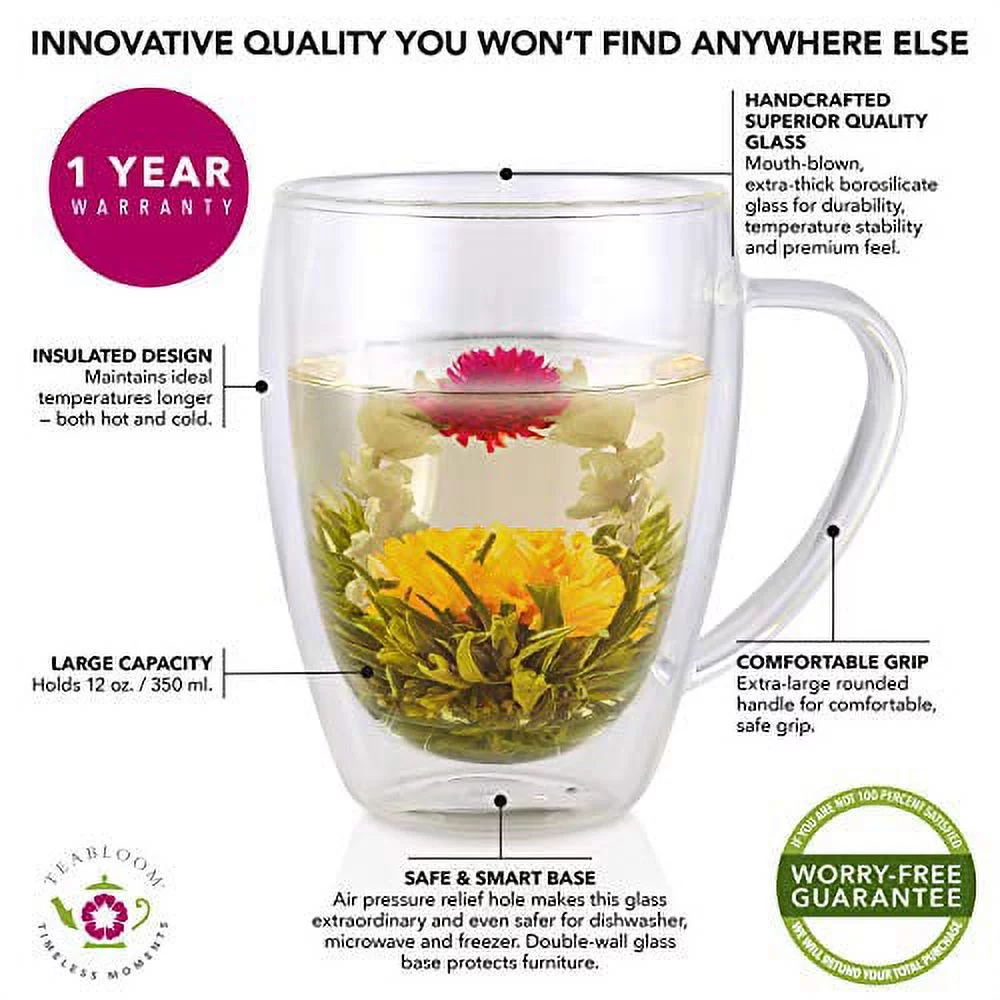 Teabloom CLEAR BLISS® DOUBLE WALL GLASS TEA CUPS-Set of 4