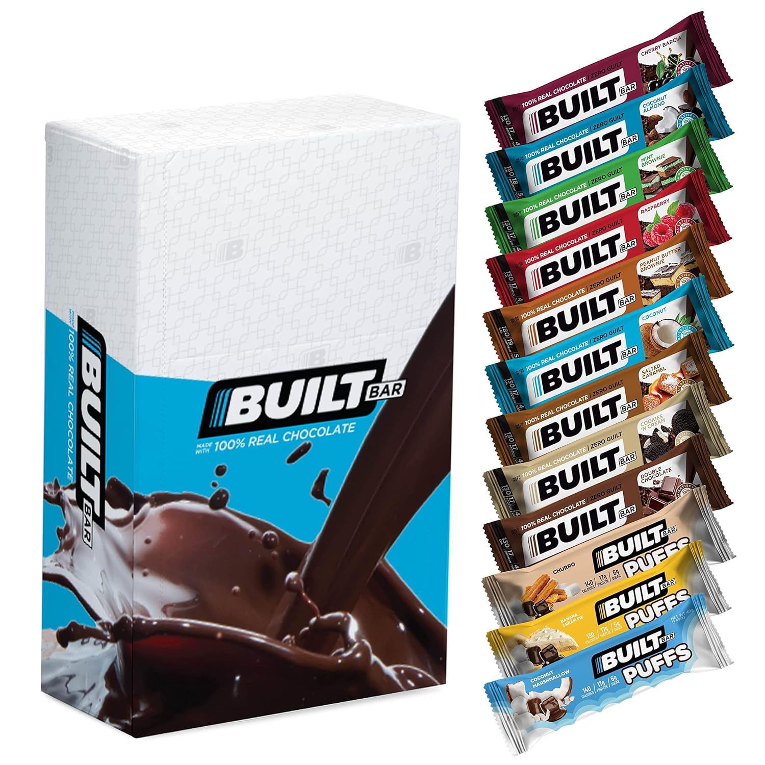 Built Bar 12 Pack High Protein and Energy Bars - Low Carb, Low Calorie, Low Sugar - Covered in 100% Real Chocolate - Delicious, Healthy Snack - Gluten Free (12 Flavor Mixed Box)