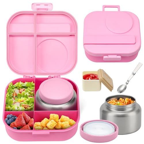 Bento Lunch Box for Kids with 12oz Soup Thermo,4 Compartments Lunch Box Containers Kids, Spoon&Sauce Jar, BPA Free&Leak proof,Insulated Food Jar for Travel((Blue)
