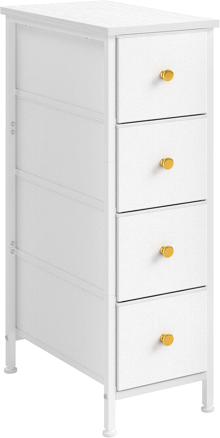 Fixwal Narrow Storage Cabinet, Dresser with 4 Drawers, Slim Fabric Dresser Storage Tower for Small Spaces, White Dresser with Steel Frame, Wood Top, for Bedroom, Bathroom, Living Room, Laundry, Closet