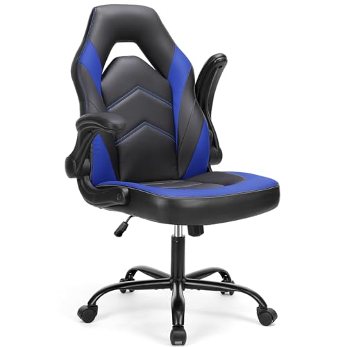 Gaming Ergonomic Office Chair for Adults, Height Adjustable Computer Desk Chair with Flip-up Armrests, PU Leather Swivel Video Game Chair with 360° Rolling Wheels, Blue