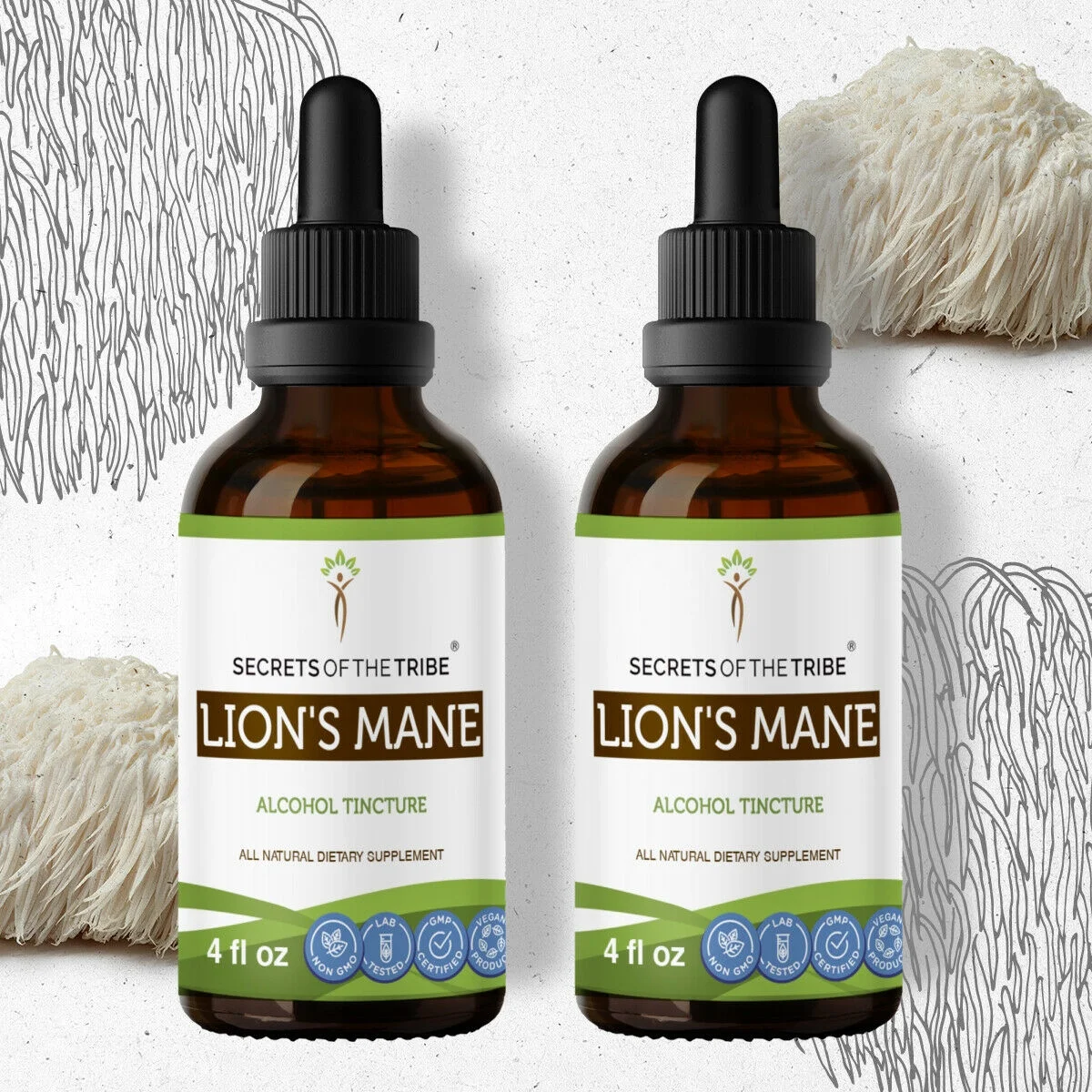 Lion's Mane Tincture Alcohol Extract, Organic Lion's Mane (Hericium erinaceus) Dried Mushroom 2x4 oz