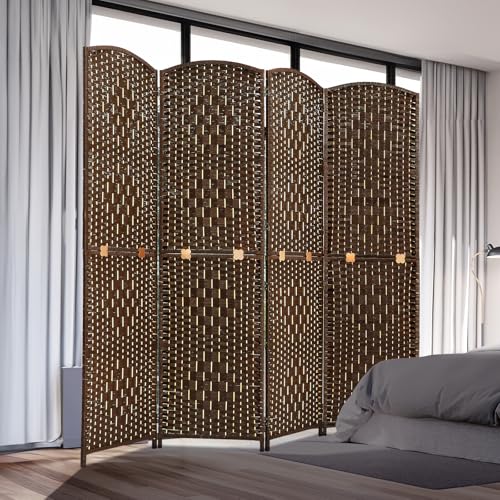 JOSTYLE Folding Privacy Room Divider, 4 Panel Screen Divider 6 ft. Tall Freestanding Extra Wide Rattan Room Partition Wall Separation Dividers, Grey