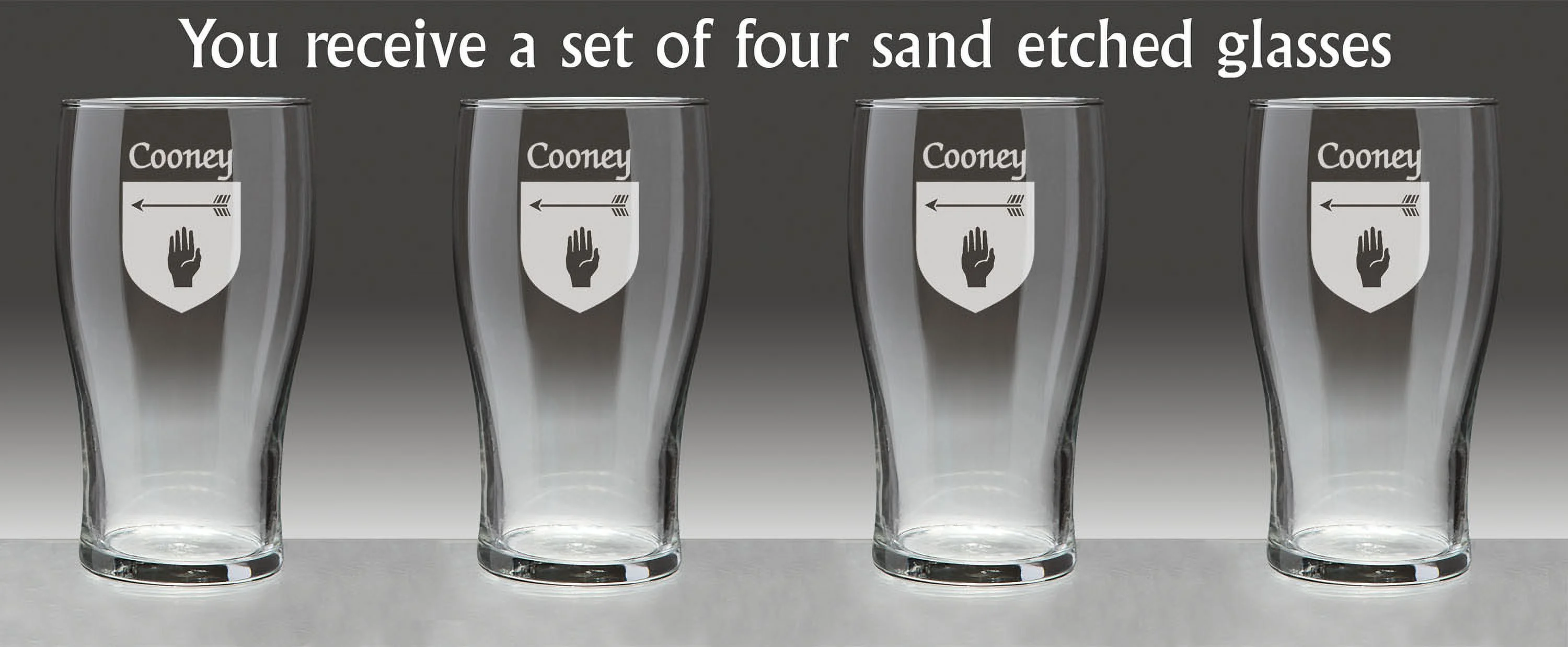 Cooney Irish Coat of Arms Tavern Glasses - Set of 4 (Sand Etched)
