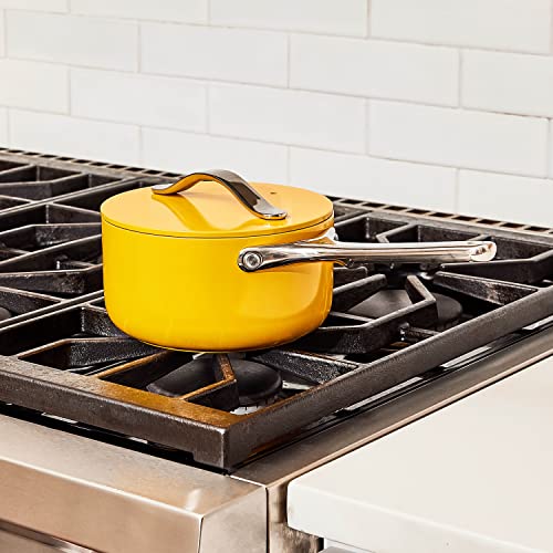 Caraway Nonstick Ceramic Sauce Pan with Lid (3 qt) - Non Toxic, PTFE & PFOA Free - Oven Safe & Compatible with All Stovetops (Gas, Electric & Induction) - Perracotta