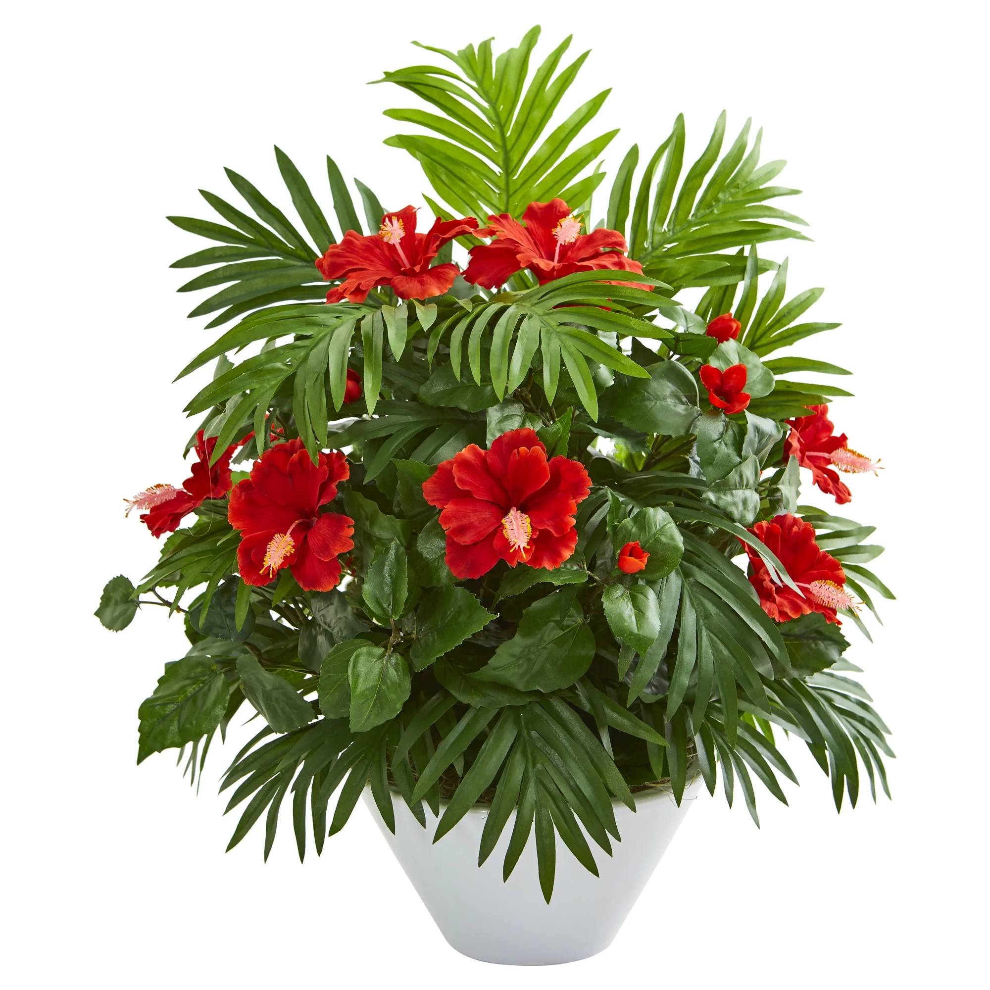 Nearly Natural 27in. Red Hibiscus and Areca Palm Artificial Plant in White Bowl