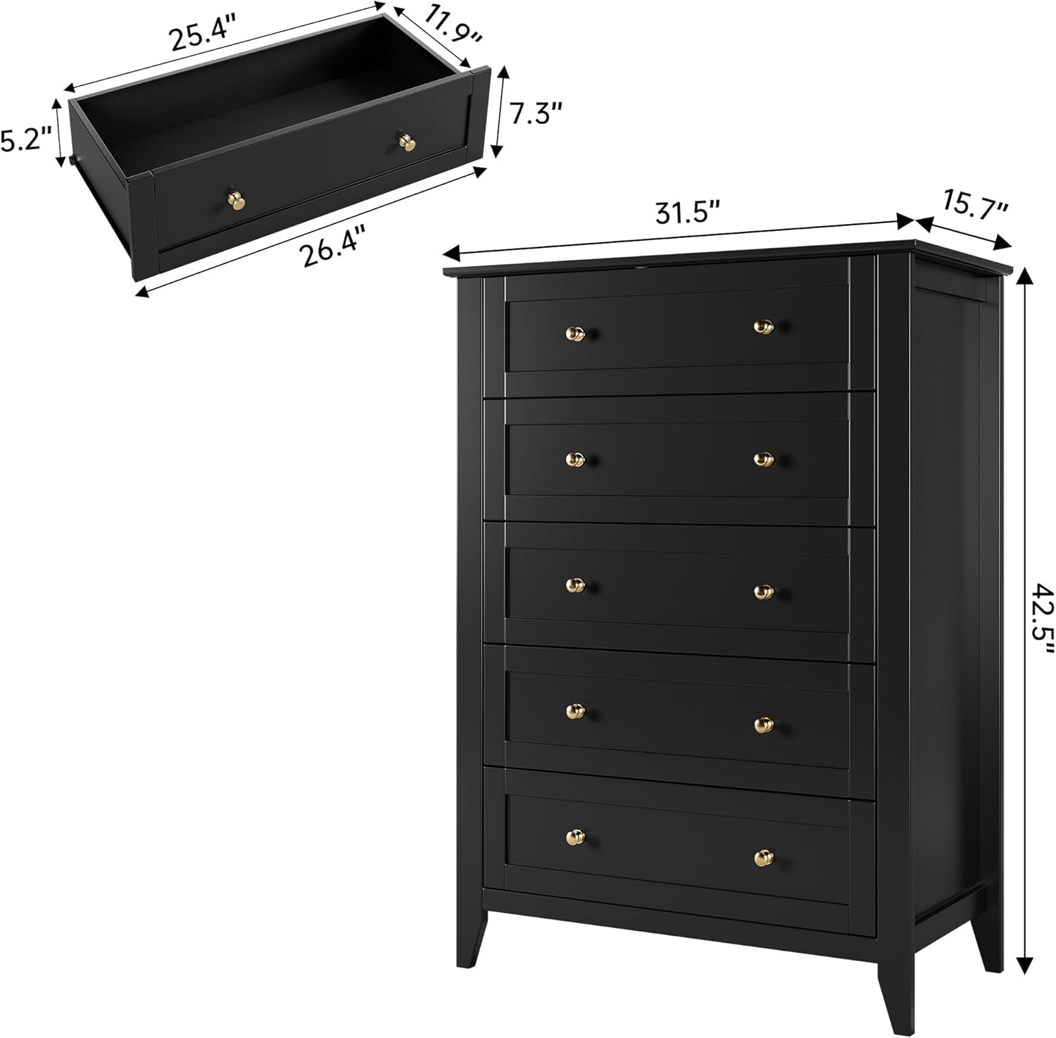 5 Drawer Dresser for Bedroom, Tall Dresser Closet Organizer, Wood Dresser with Deep Space & Metal Knobs, Modern Chests of Drawers for Entryway, Hallway, Black