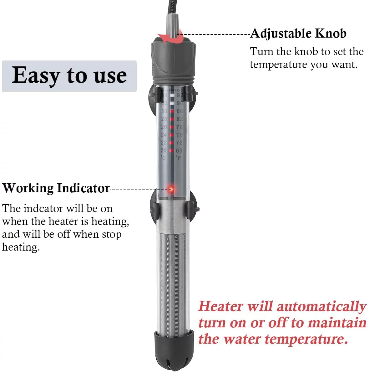 HITOP 25W 50W 100W 200W 300W Adjustable Aquarium Heater, Submersible Fish Tank Heater Thermostat with Suction Cups (100W-grey)