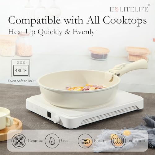 ESLITE LIFE Nonstick Cookware Sets with Detachable Handle, 5 Pcs Granite Coating Pots and Pans Set Kitchen Cooking Set, PFOA Free, Cream