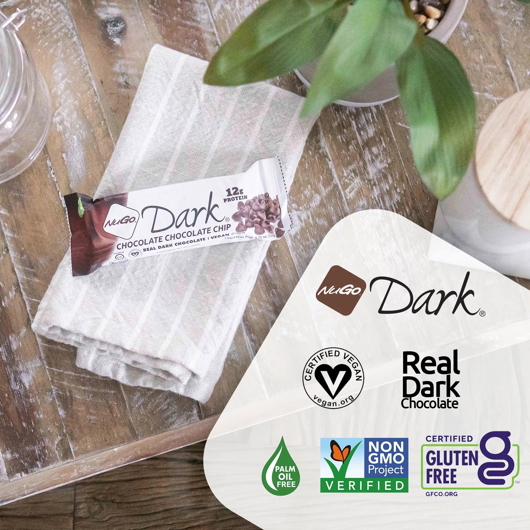 NuGo Dark Chocolate Chocolate Chip, 12g Vegan Protein, Gluten Free, 12 Count