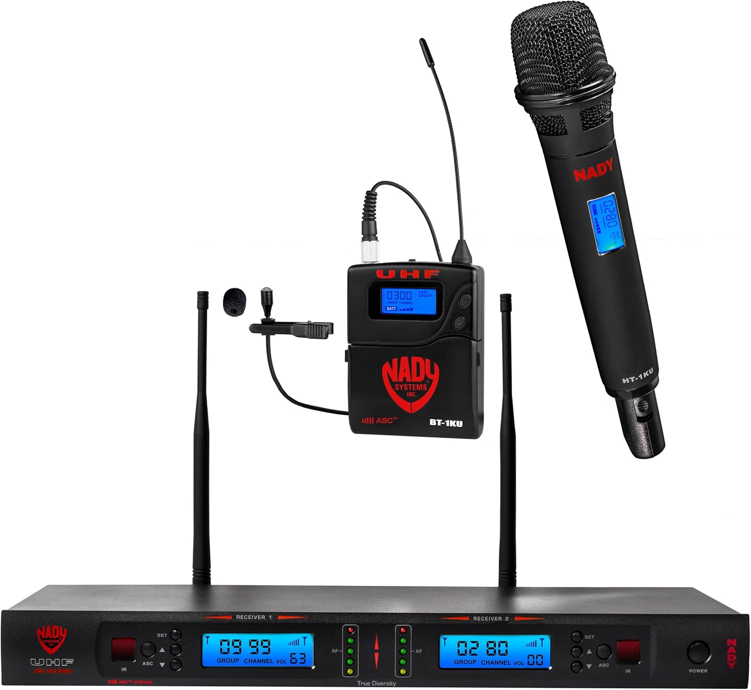 Nady 2W-1KU LT Dual True Diversity 1000-Channel Professional UHF Wireless System with 2 Lapel/lavalier Microphones – Autoscan – Automatic Transmitter Pairing – All Metal Construction