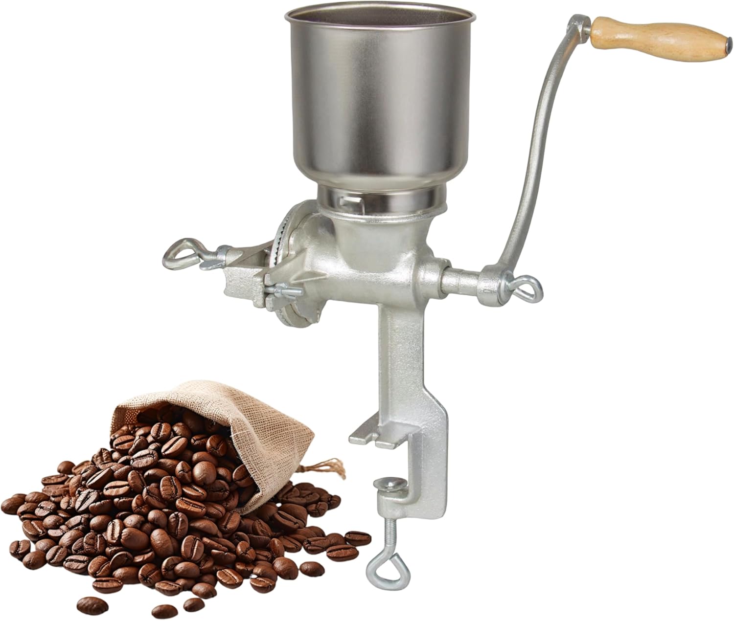 High Hopper Cast Iron Manual Grain Mill-Heavy Duty Grain Grinder, Coffee Grinder-Dry&Wet Grinding for Wheat,Grain,Corn and Flours, Silver
