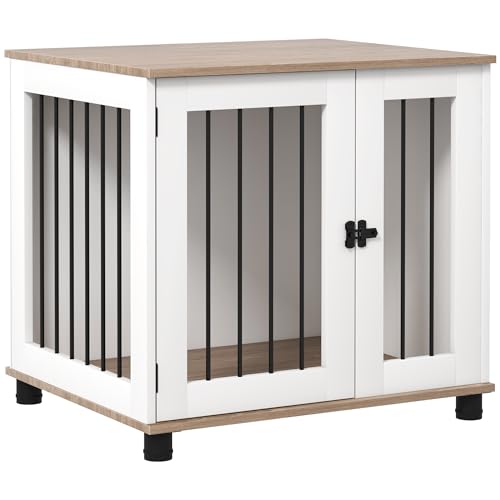 PawHut Dog Crate Furniture, Side Table Indoor Dog Kennel, End Table with Lockable Door for Small and Medium Dogs, Walnut Brown