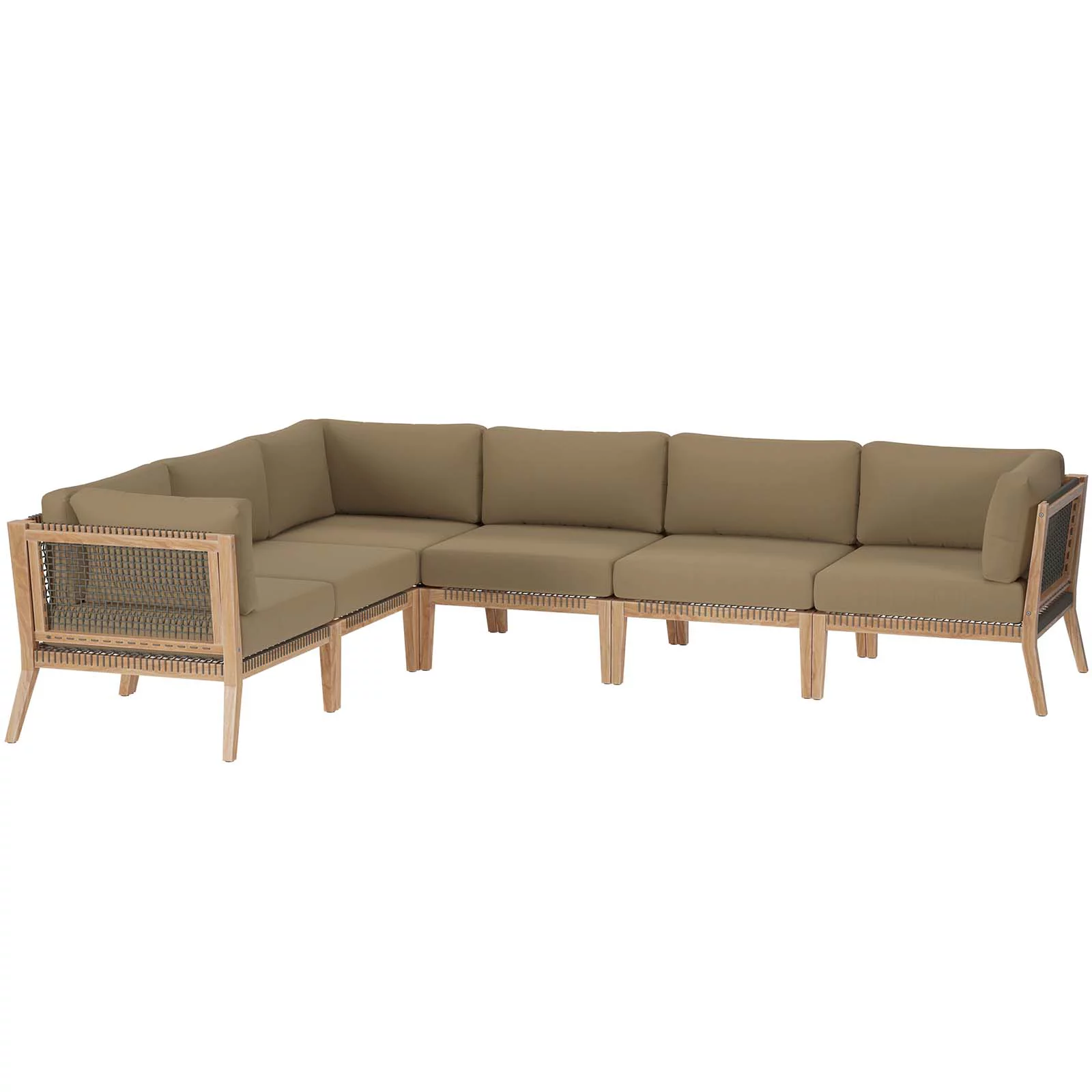 Modway Clearwater Outdoor Patio Teak Wood 6-Piece Sectional Sofa in Gray Light Brown