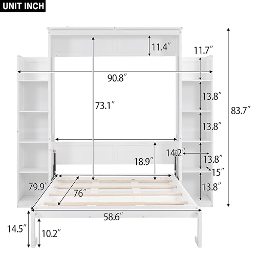 Queen Size Murphy Bed with Shelves and LED Lights, Foldable Wood Wall Bed Frame with Flexible Slats Support, Can Be Folded Into Cabinet, for Guest Room Bedroom, Space-Saving Design (White-02, Full)