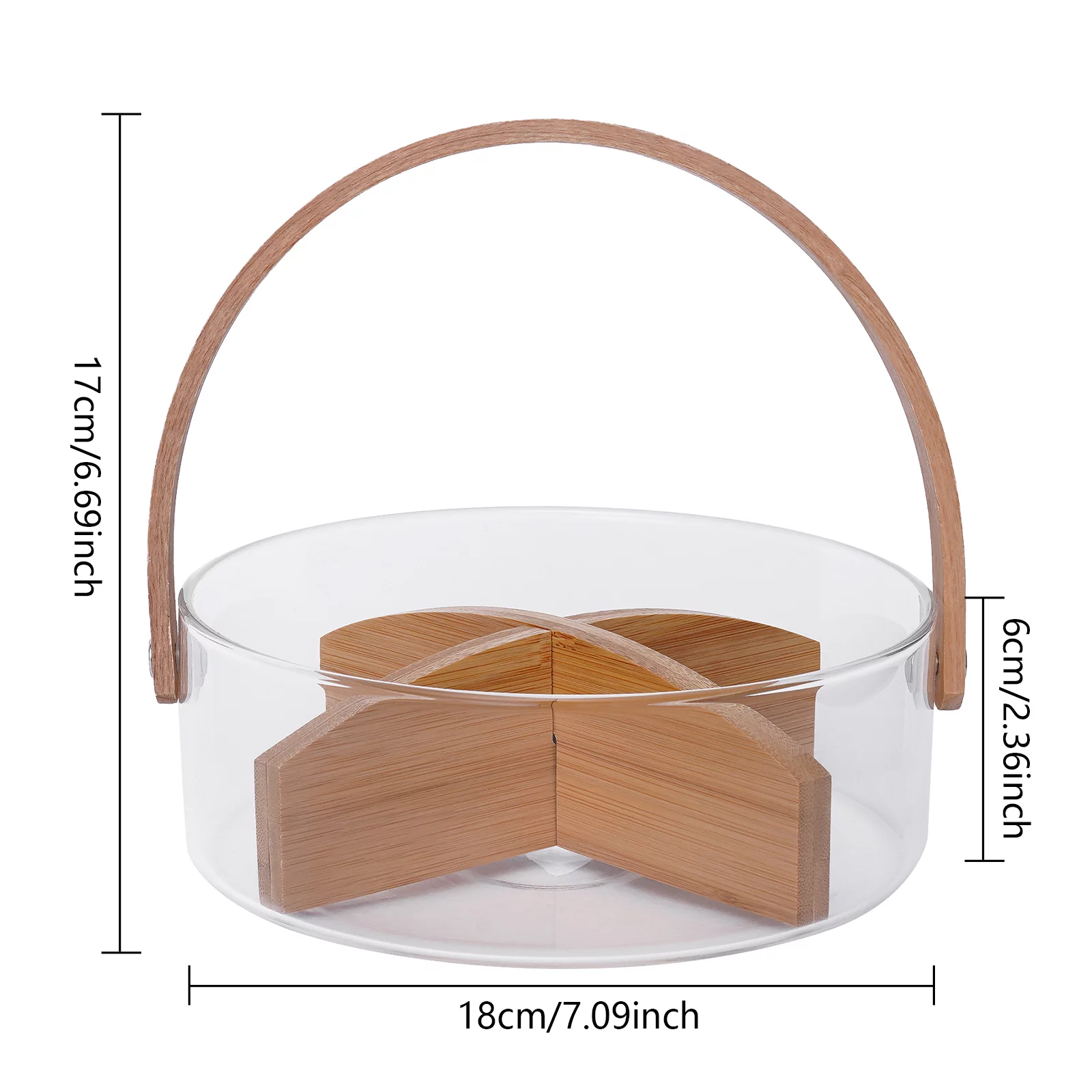 Miumaeov Fruit Serving Bowl Ice Bucket with Handle, 7.09 x 2.36 in Clear Glass Nuts Dry Fruit Snack Tray Fruit Bowl Holder Dried Fruit Basket with Wood Divider