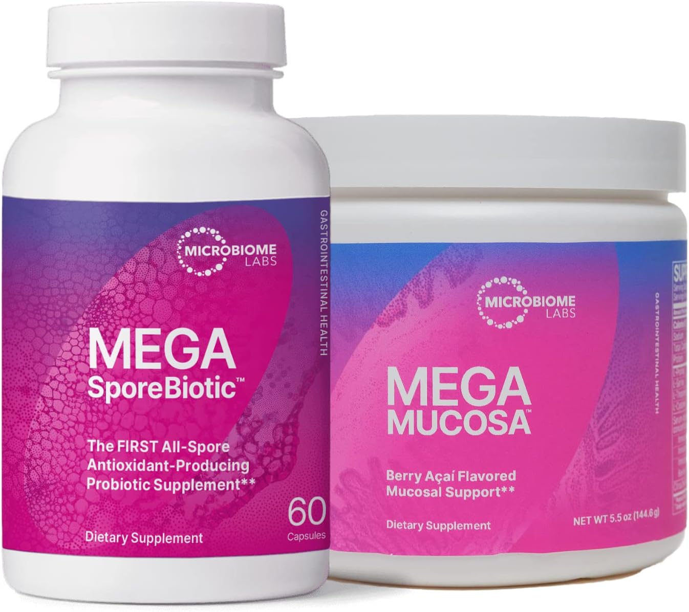 Microbiome Labs MegaSporeBiotic (60 Capsules) + MegaMucosa (5.5oz Powder) Probiotic and Gut Mucosal Support Bundle - Spore-Based Probiotic with Immunoglobulins, Amino Acids Powder Supplement