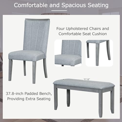 Merax 6-piece Dining Table Set of 4 Upholstered Chairs & 1 Bench Farmhouse Kitchen Furniture Sets with 78inch Extendable Pedestal, Removable Leaf & Natural Rubber Wood Grain Pattern Tabletop, Beige