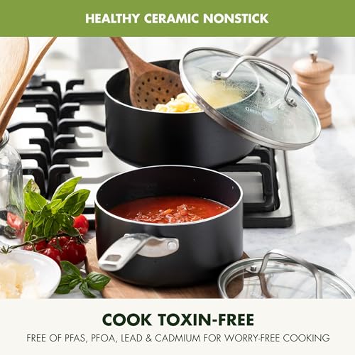 GreenPan Chatham Black Prime Midnight Hard Anodized Healthy Ceramic Nonstick, 3QT Saucepan Pot with Lid, PFAS-Free, Dishwasher Safe, Oven Safe, Black