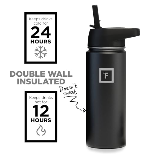IRON °FLASK Camping & Hiking Hydration Flask with 3 Lids - Stainless Steel, Double Walled & Vacuum Insulated Water Bottle - Leak Proof & BPA Free (Midnight Black, Straw - 40 oz)