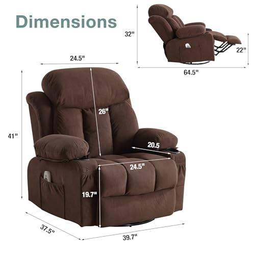 Massage Recliner Chair, Swivel and Rocking Recliner with Heat and Vibration, Breathable Fabric Ergonomic Single Sofa Chair for Living Room with Cup Holders, Side Pockets and USB (Grey)