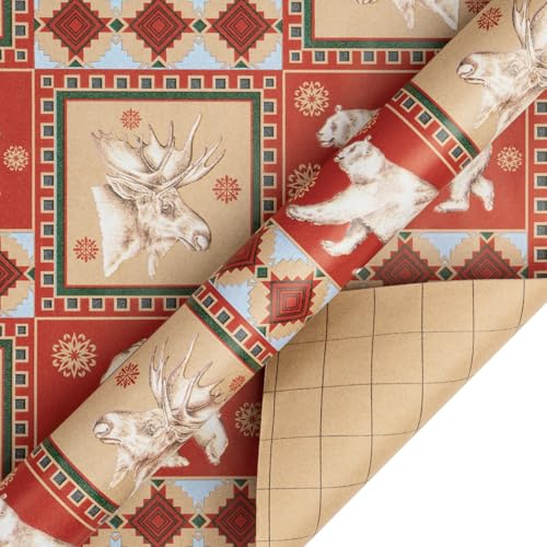RUSPEPA Christmas Kraft Wrapping Paper - Owl, Reindeer, Christmas Ball and Text Design - 4 Rolls - 30 inches x 10 feet per Roll