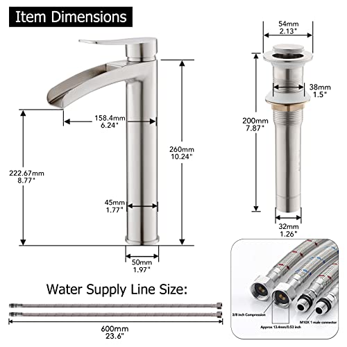 Phiestina Brushed Gold Tall Bathroom Vessel Sink Faucet, Single Hole Single Handle Waterfall Modern Bathroom Faucet, with Pop Up Drain and Water Supply Line, NS-SF01-BG-V