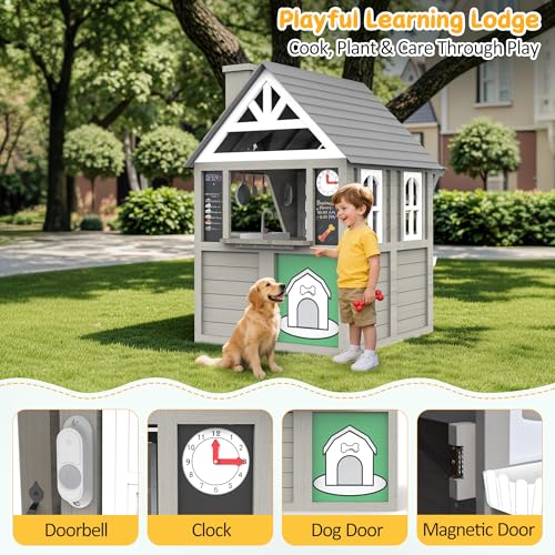 Kids Playhouse Outdoor,Wooden Play House Playset for Kids, Large, Sturdy, Realistic Design with Kitchen, Doorbell, Flower Pot, Stove, Sink & Clock, Perfect for Kid Ages 3-8 (Gray)