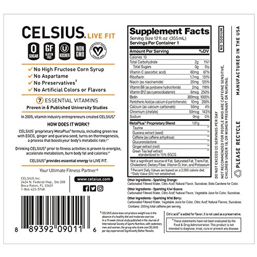 Celsius Sparkling Fitness Drink - Pre-Workout Drink - Sparkling Orange - Sparkling Kiwi Guava - Wild Berry - Zero Sugars - No Artificial Flavors or Colors - 15 x 12 oz. (1 - Pack)