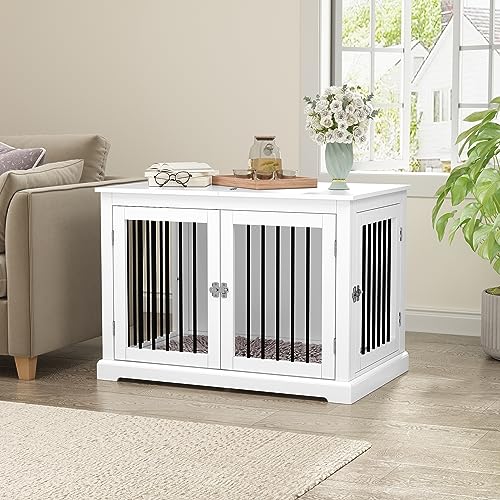 Dog Crate Furniture with Cushion, Dog Crate End Table Large, Indoor Dog Kennel, Dog House, Dog Cages for Large Dogs, Furniture Style Dog Crate with Flip-top, Chew-Proof Metal Bars, White