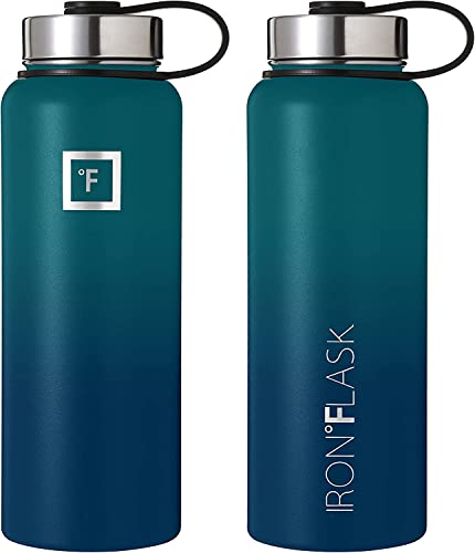 IRON °FLASK Camping & Hiking Hydration Flask with 3 Lids - Stainless Steel, Double Walled & Vacuum Insulated Water Bottle - Leak Proof & BPA Free (Midnight Black, Straw - 40 oz)