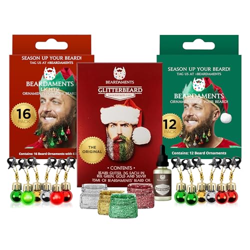 Beardaments Beard Lights, Ornaments, and Glitter Bundle - The Original 16pc Beard Lights, 12pc Beard Ornaments, and 4 Color Option Glitter Kit