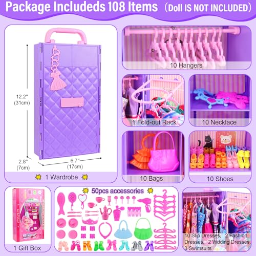 Ecore Fun 108 Pcs Doll Clothes and Accessories with Purple Doll Closet for 11.5 Inch Girl, Includes Party Dresses, Fashion Outfits, Swimsuits, Shoes, Hangers, Bags, Necklaces