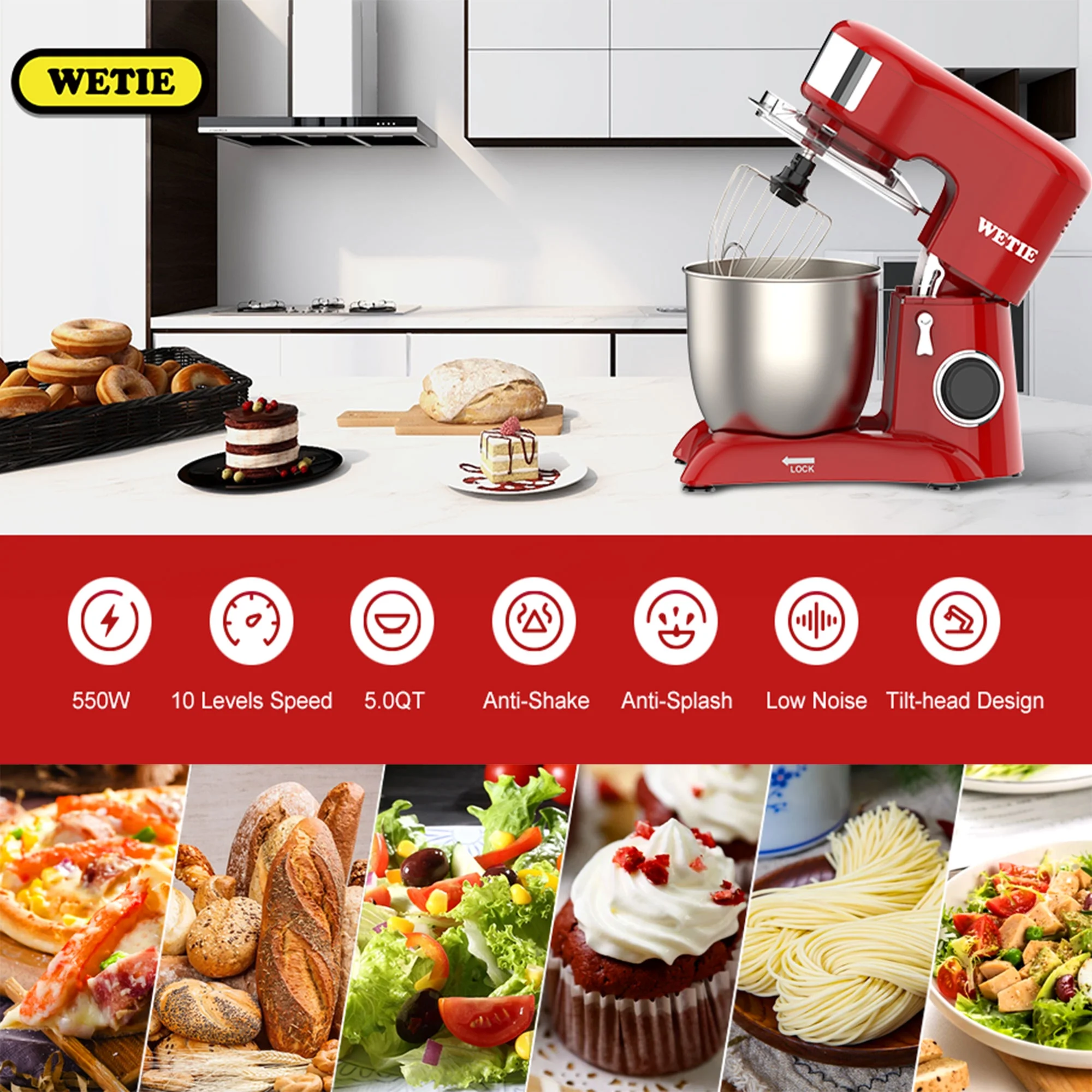 WETIE Stand Mixer with Bowl and Dough Hook, 4.8 Quarts , 10 Speed Kitchen Electric Mixer,Tile-Head,Red