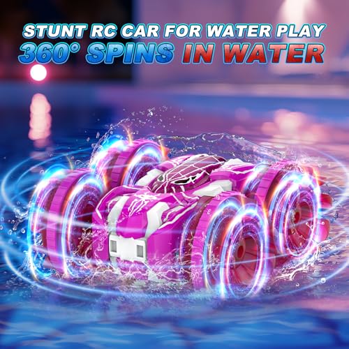 Waterproof Remote Control Car，4WD Amphibious 2.4 GHz RC Car Remote Control Boat，360°Rotation RC Stunt with LED Lights，Boys Girls Gifts All Terrain Water Beach Pool Toy