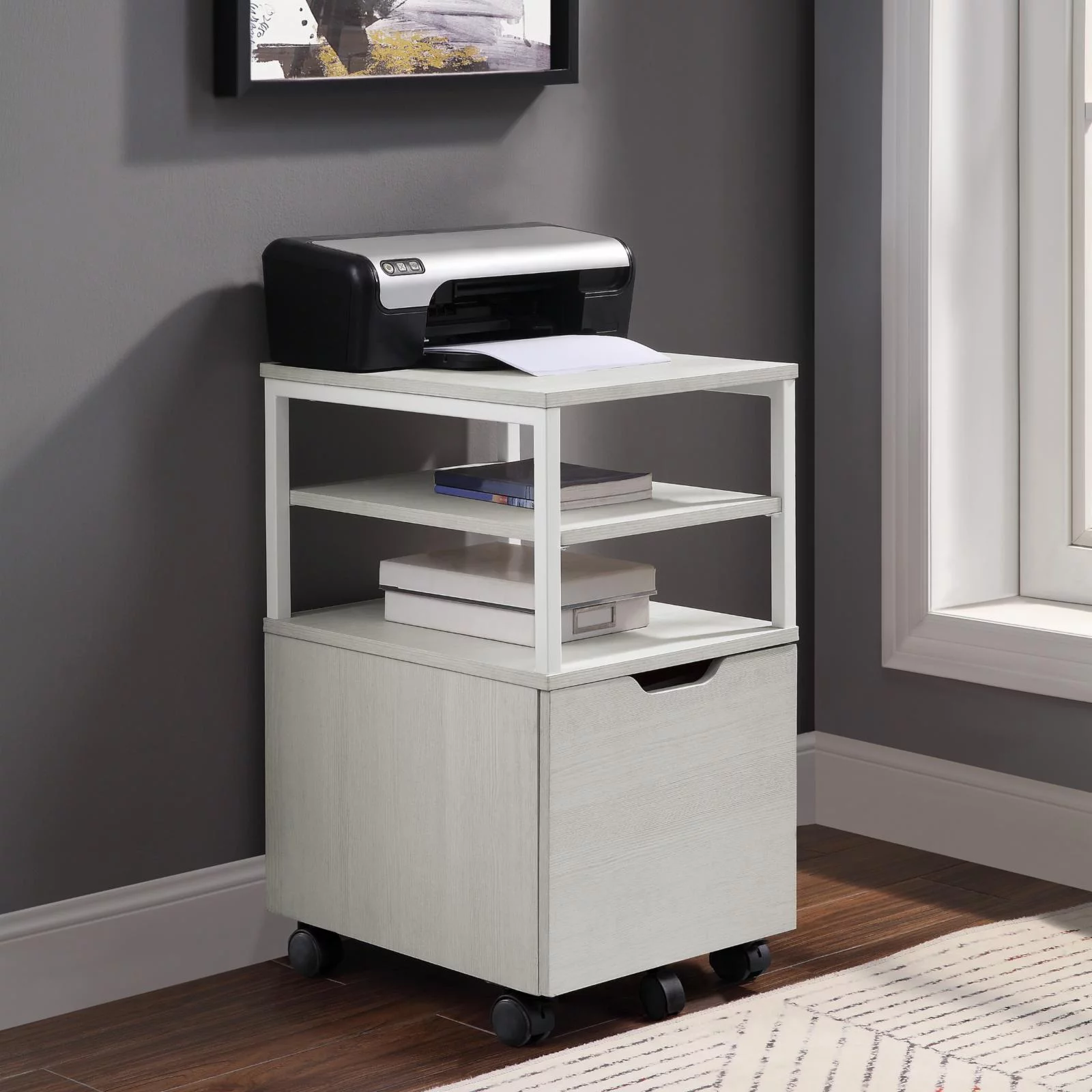 OS Home and Office Furniture 1-Drawer Wood Mobile Storage Cart in Ash/Black