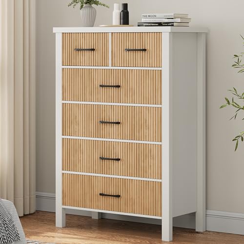 White Dresser 6 Drawer Dresser for Bedroom, Modern Fluted Dresser with Solid Wood Legs, Tall Double Wooden Dresser Large Chest of Drawers for Living Room, Entryway, Hallway (White Fluted)