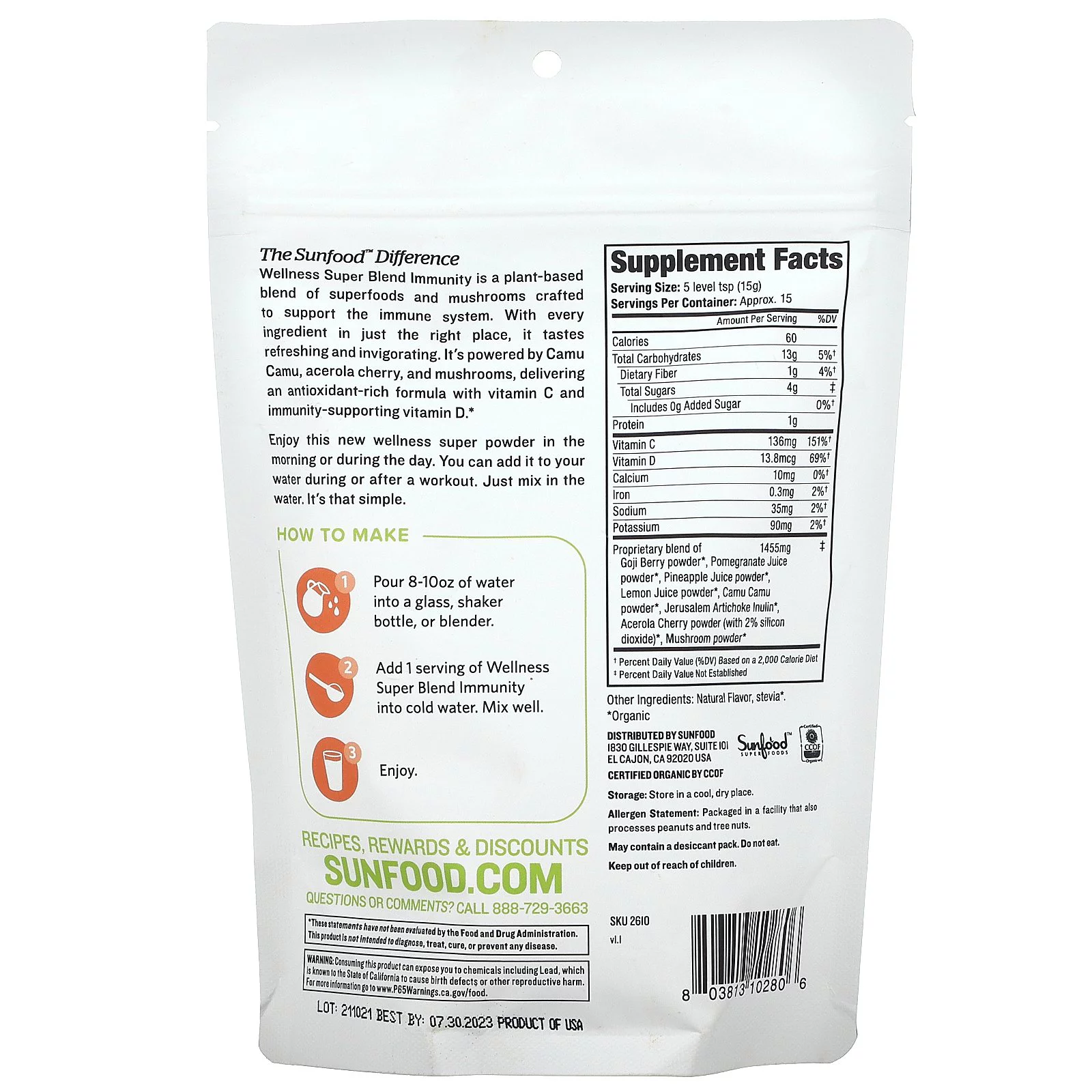 Sunfood Wellness Super Blend- Immunity Drink Powder. Immune System Booster. Organic, Plant-Based Blend of Superfoods & Mushrooms. Mix with Water. 8 oz