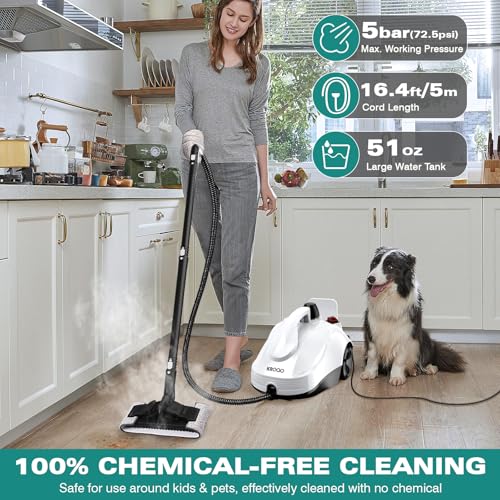 Steam Cleaner, Heavy Duty Canister Steamer with 23 Accessories, Steam Mop with 5M Extra-Long Power Cord for Home Floor Cleaning, Grime,Grease,Grout,l, Upholstery, Car Detailing,White, Large