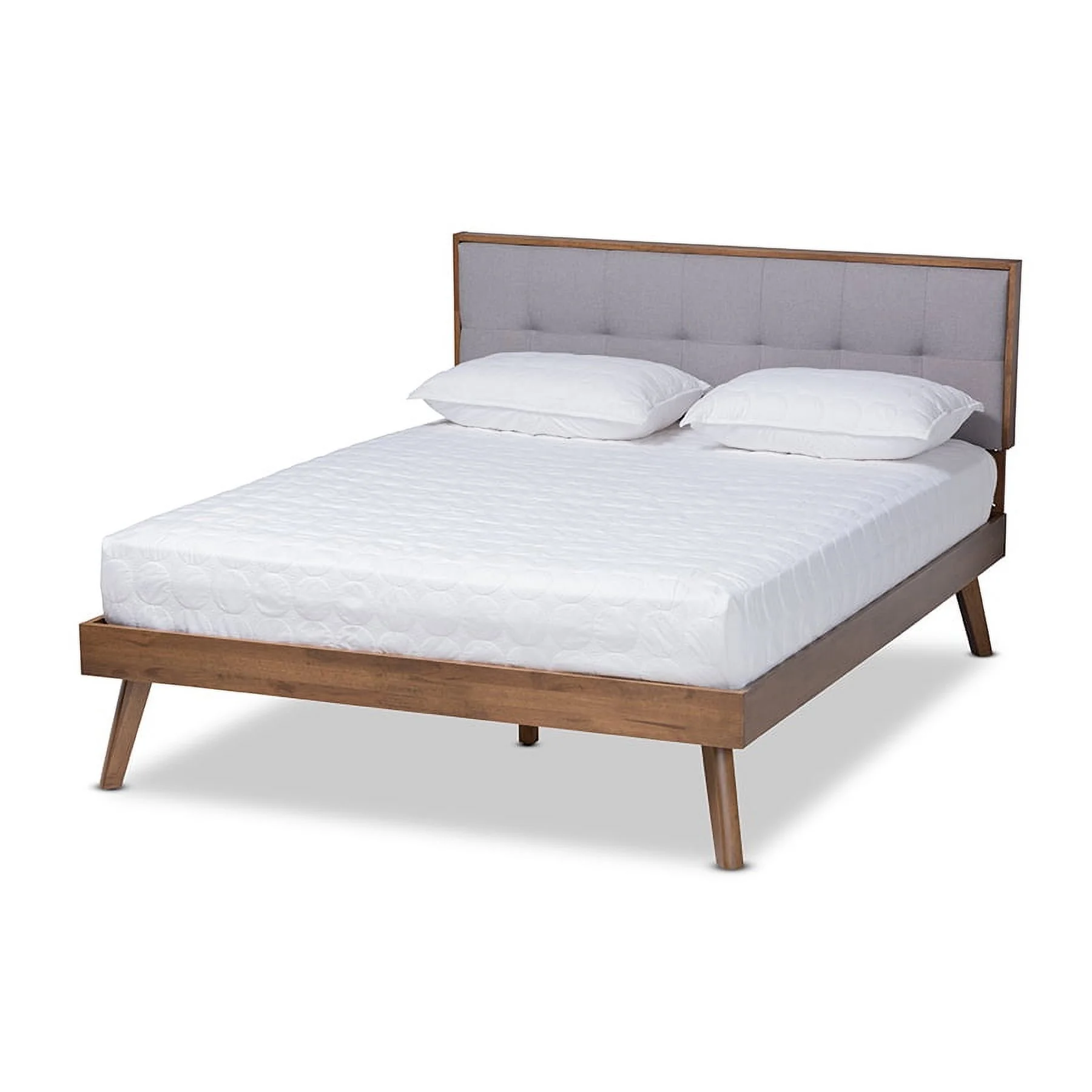 Baxton Studio Alke Mid-Century Modern Light Grey Fabric Upholstered Walnut Brown Finished Wood Queen Size Platform Bed
