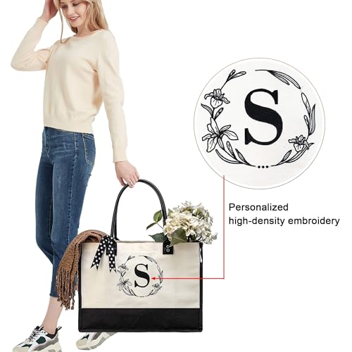BeeGreen Mother's Day Gifts Personalized Women's Large White and Black Canvas Tote Bag, Embroidered Initials, Leather Handle, Zipper Closure