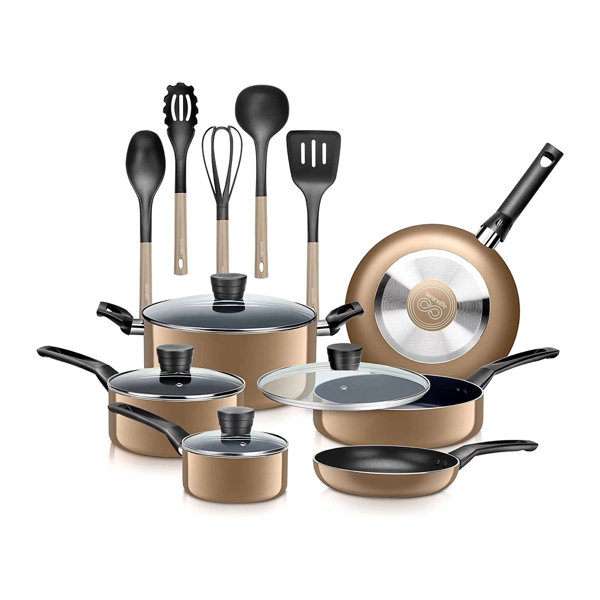 SereneLife 15 Piece Pots and Pans Home Non Stick Kitchenware Cookware Set