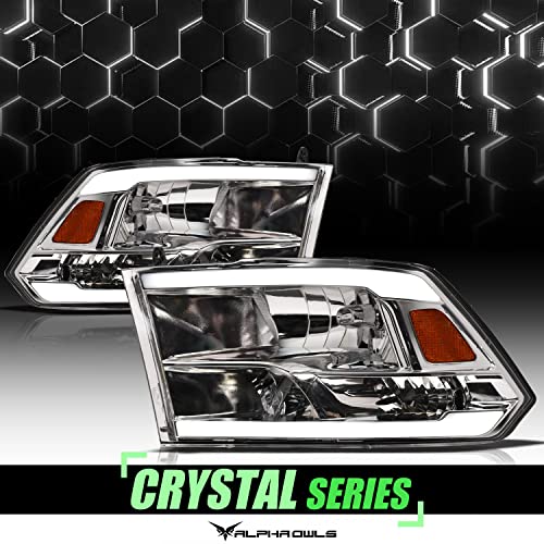 Alpha Owls 8710401 Crystal Headlights With Switchback Sequential LED Light Bar & Startup Light - Black Amber Fits 2009-2018 Dodge Ram 1500 2500 3500/2019-2023 Classic Halogen Models