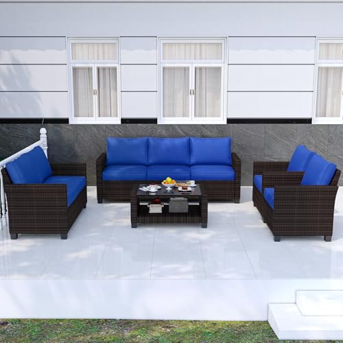 GAOMON 5-Piece Outdoor Patio Furniture Sets, 7 Seat PE Rattan Furniture Sectional Sofa Set with Storage Table, Patio Conversation Sets with Water-Repellent Cushions for Backyard, Deck, Poolside