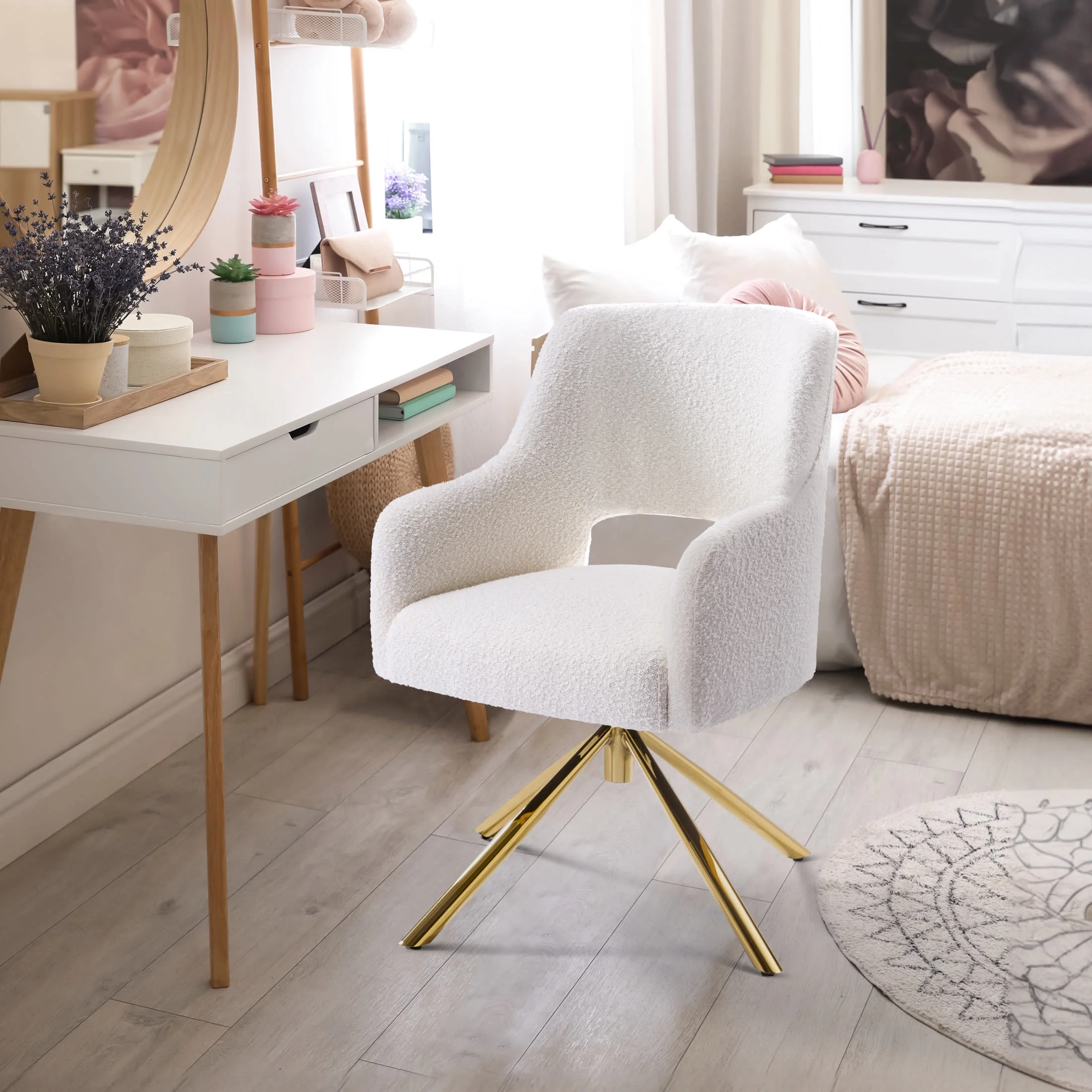 Costaelm Amélie Mid-Century Modern Wide Boucle Swivel Accent Chair (Set of 2), Cream