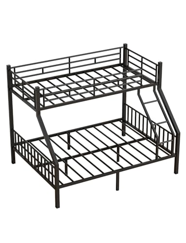 Full Over Full Bunk Bed with Trundle, Heavy Duty Metal Bed Frame with Full-Length Guardrails & Ladder, 3-in-1 Convertible Full Bunk Bed, Noise-Free, No Box Spring Needed, Black