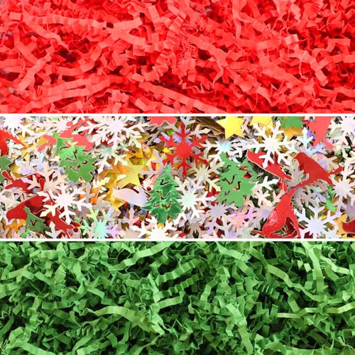 WorldBazaar 1LB Christmas Crinkle Cut Paper Red Green Christmas Basket Filler Sprinkle Confetti Gift Wrapping Craft Packaging Filling Winter Birthday Box Basket Party Decoration
