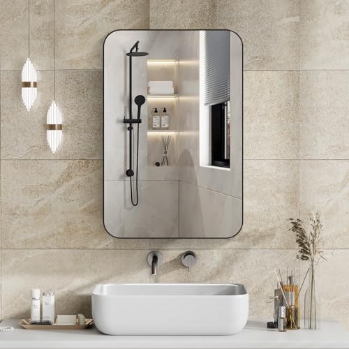 24x16 Inch Bathroom Medicine Cabinet Black Aluminium Profiles Wall Mounted Bathroom Medicine Cabinet or Recessed Mirror Cabinet Rounded Rectangle Bathroom Medicine Cabinet