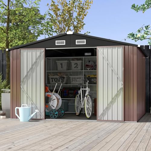 Aoxun 6.2x4 FT Shed Outdoor Storage Shed Metal Garden Shed with Lockable Doors & Slooping Roof Tool Shed Bike Shed for Backyard, Patio, Poolside (Brown)