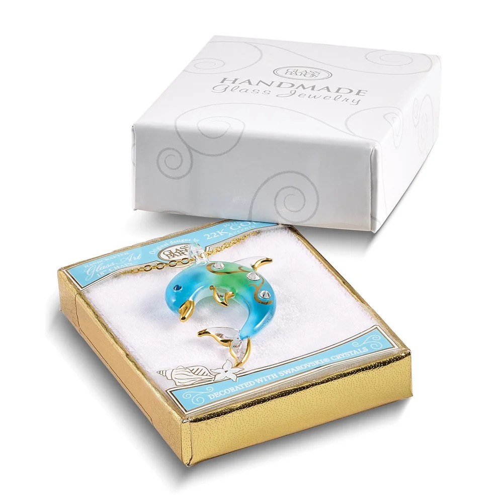 Glass Baron 22K Gilding Accent Gold-trim Turquoise Glass with Crystal from Swarovski Accent Dolphin 18 inch Gold-tone Necklace QGM9398